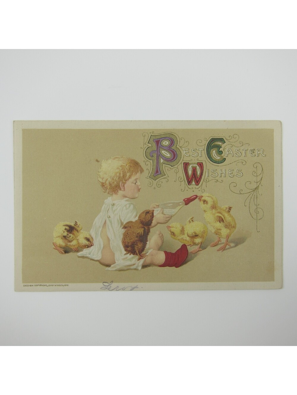 Easter Postcard Blonde Little Boy Feeds Yellow Chicks John Winsch Antique 1910